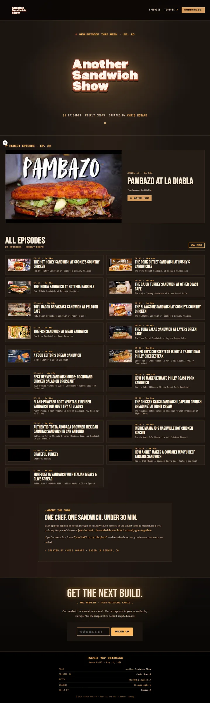Another Sandwich Show full homepage — wordmark hero, episode catalog with food photography, newsletter CTA